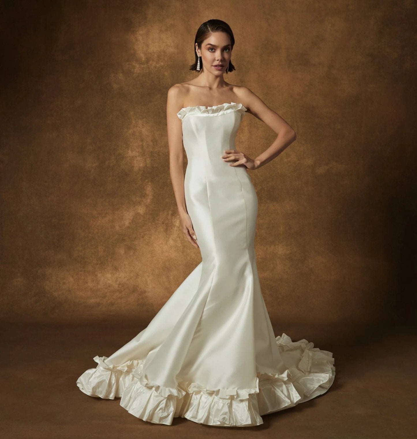 Strapless Mikado Ivory Ruffled Half Scoop Neckline Pleated Minimalist Mermaid Bridal Gown With Ruffled Hem