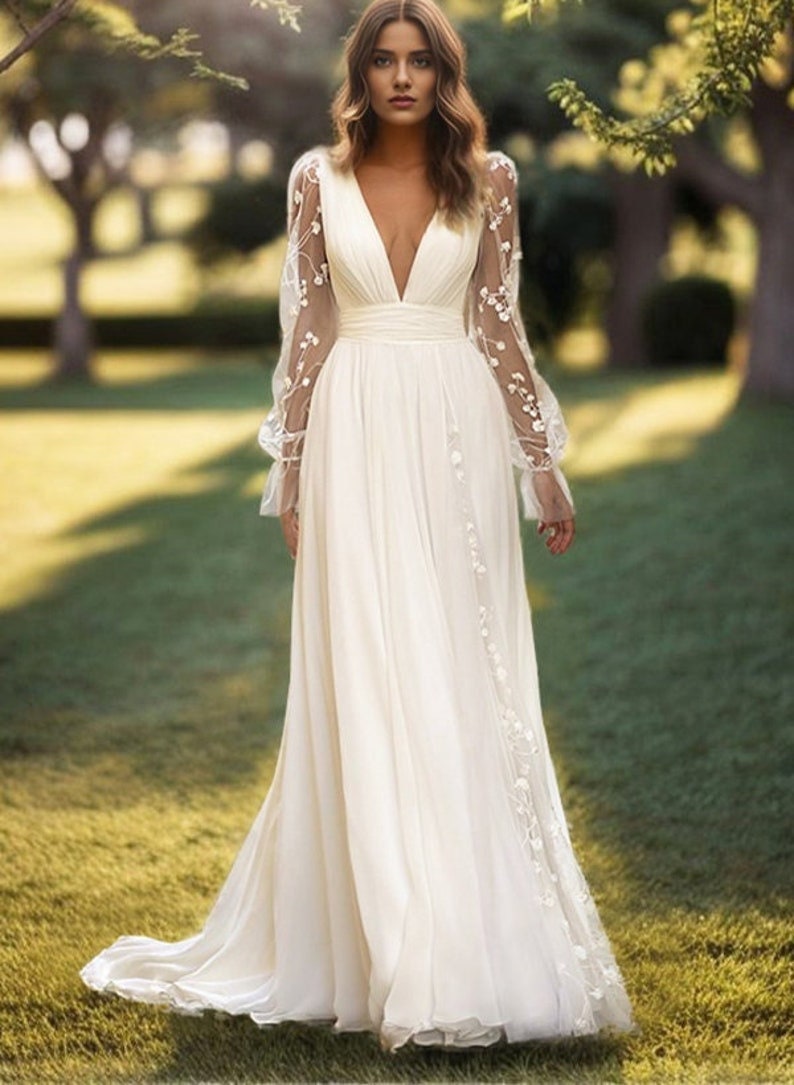 Floral Lace Chiffon Long Sleeve Plunging V Neckline Civil Ceremony, Vow Renewal, Bridal Gown