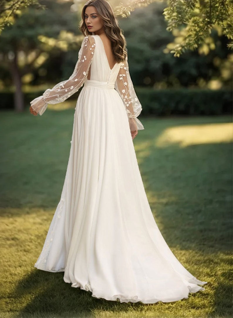 Floral Lace Chiffon Long Sleeve Plunging V Neckline Civil Ceremony, Vow Renewal, Bridal Gown