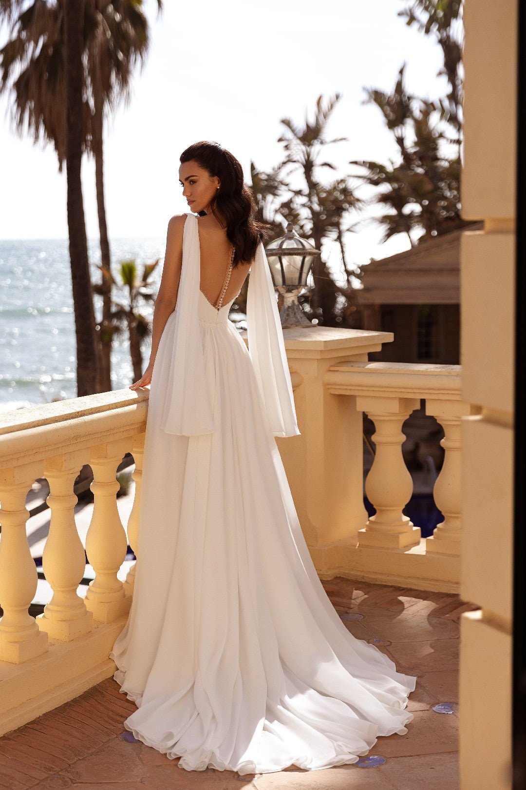 Sweetheart Pleated Beaded Chiffon Sleeveless Bridal, Civil Ceremony, Vow Renewal Gown With Draped Shoulder Trains