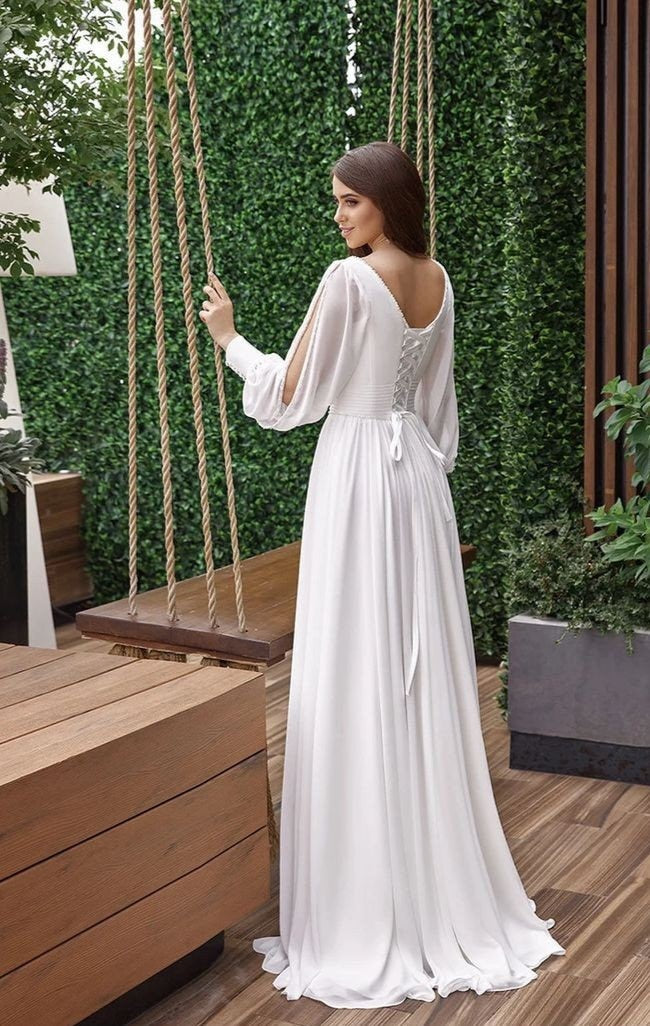 Long Sleeve Multi Beaded Cold Shoulder Plunging V Neck Pleated Waistline Chiffon A-Line Minimalist Bridal, Civil Ceremony, Vow Renewal Gown