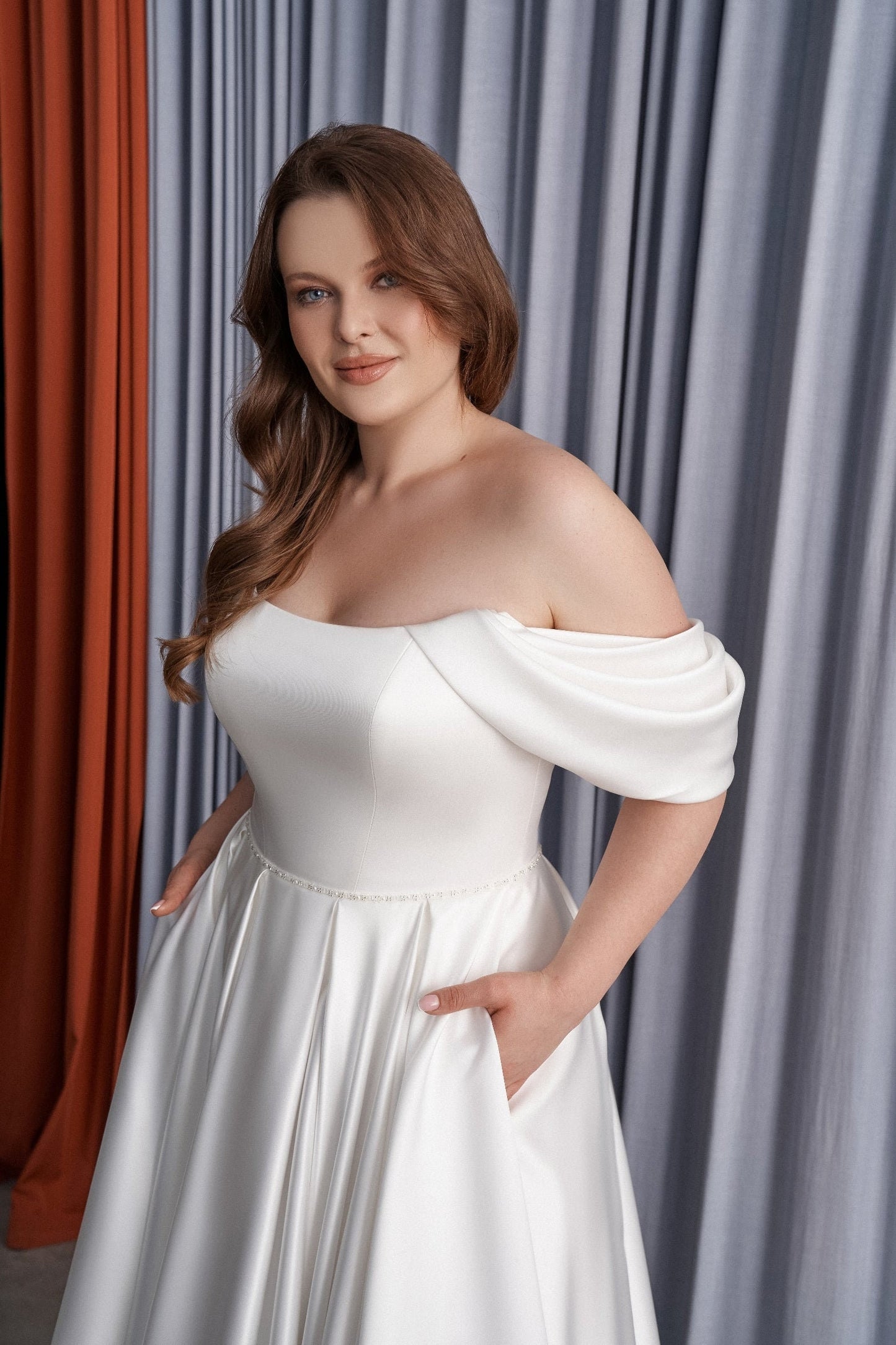 Minimalist 2024 Draped Pleated Off The Shoulder Scoop Neck Beaded Waistline Bridal Gown
