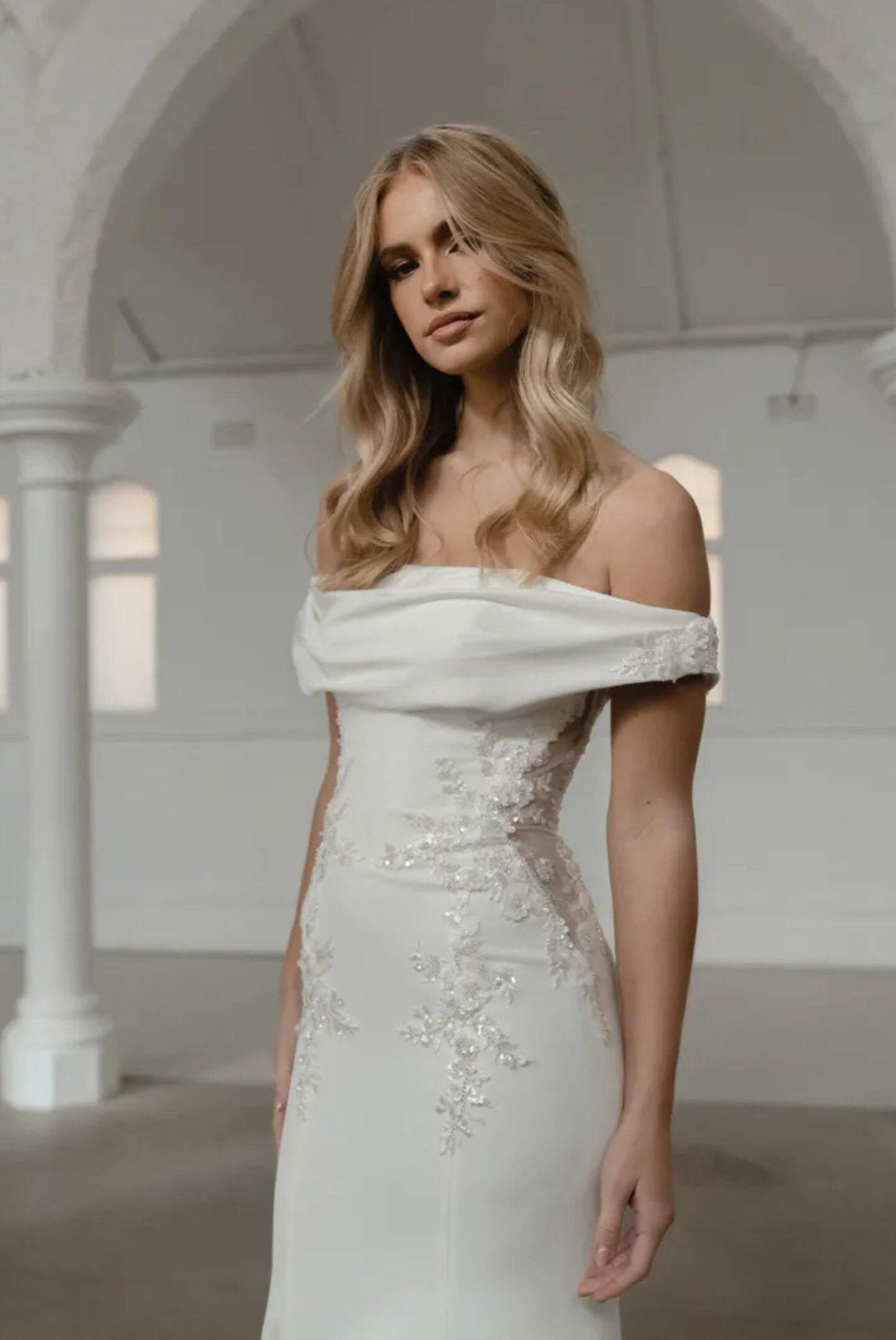 Boat Neck Off The Shoulder Beaded Sequinned Floral Appliqué Trumpet Gown With Cut Out Illusion Sides