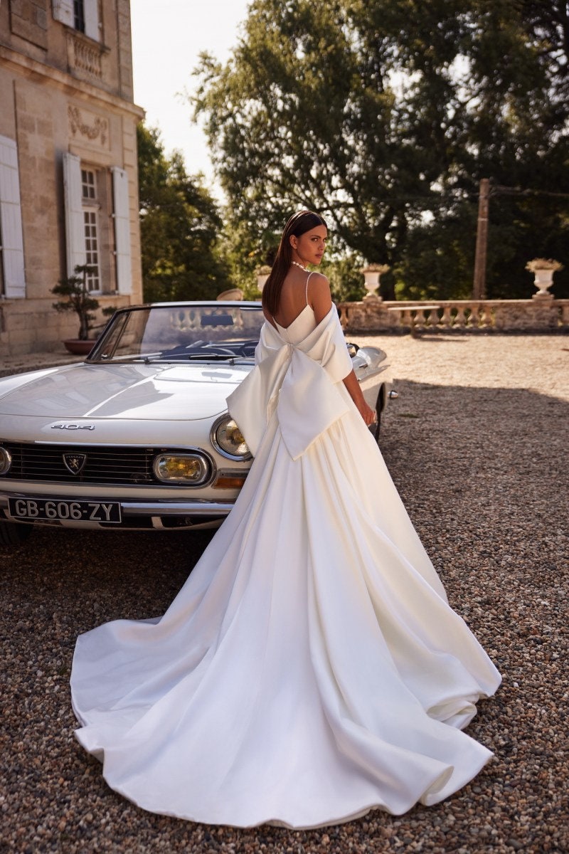 Draped Off The Shoulder Beaded Spaghetti Strap And Waistline Sheath Bridal Gown With Detachable Train