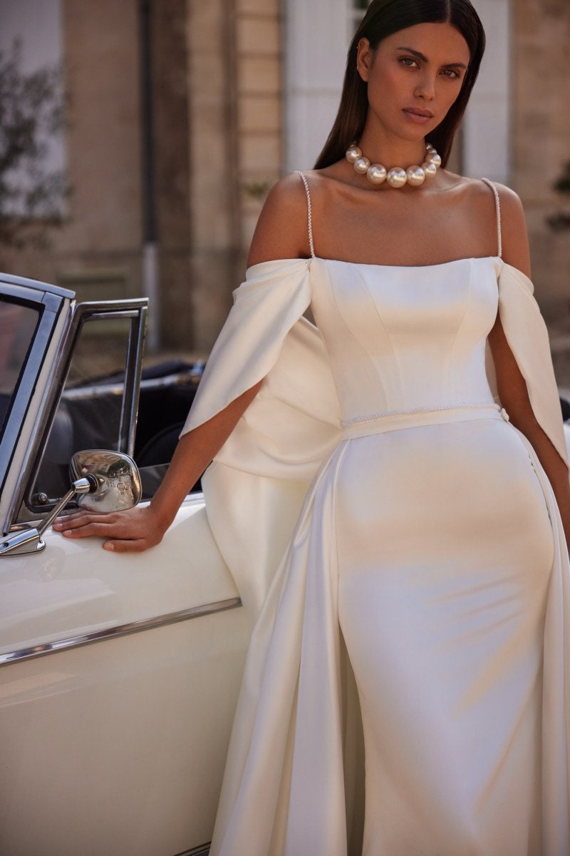 Draped Off The Shoulder Beaded Spaghetti Strap And Waistline Sheath Bridal Gown With Detachable Train
