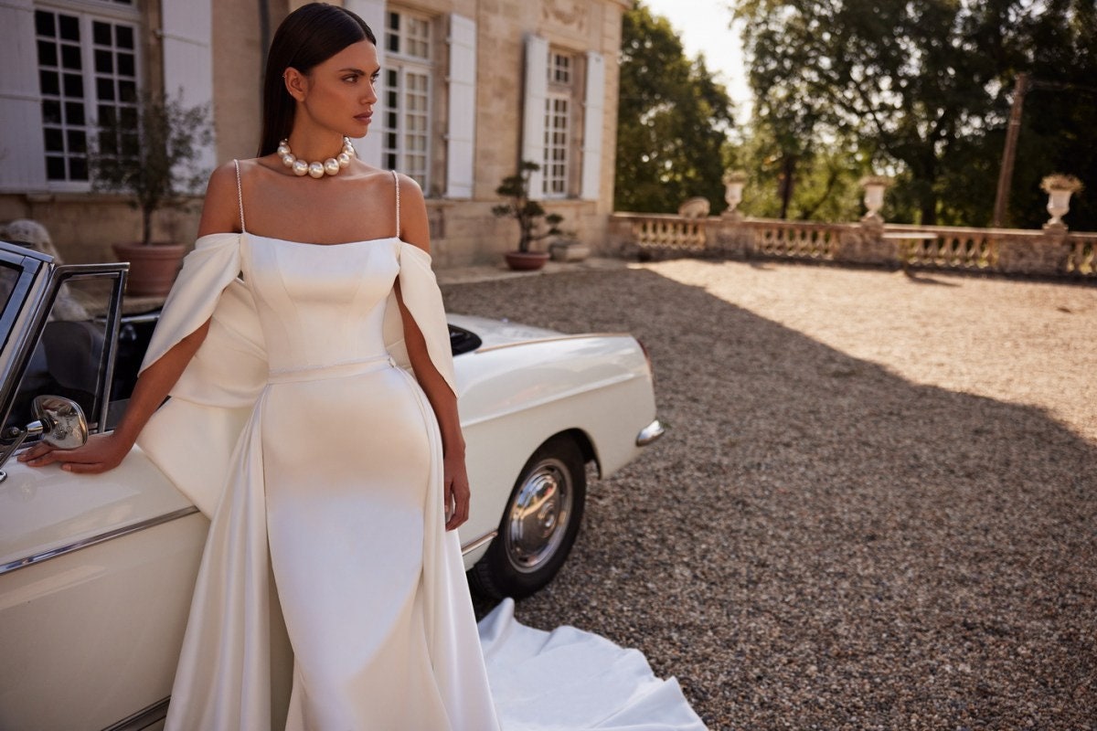 Draped Off The Shoulder Beaded Spaghetti Strap And Waistline Sheath Bridal Gown With Detachable Train