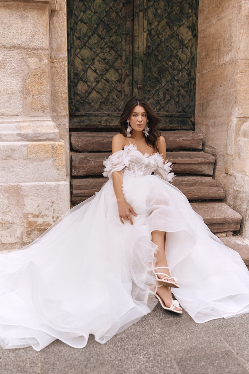 Flowing Off The Shoulder A-Line Floral Appliqués Pleated Corset Bridal Gown