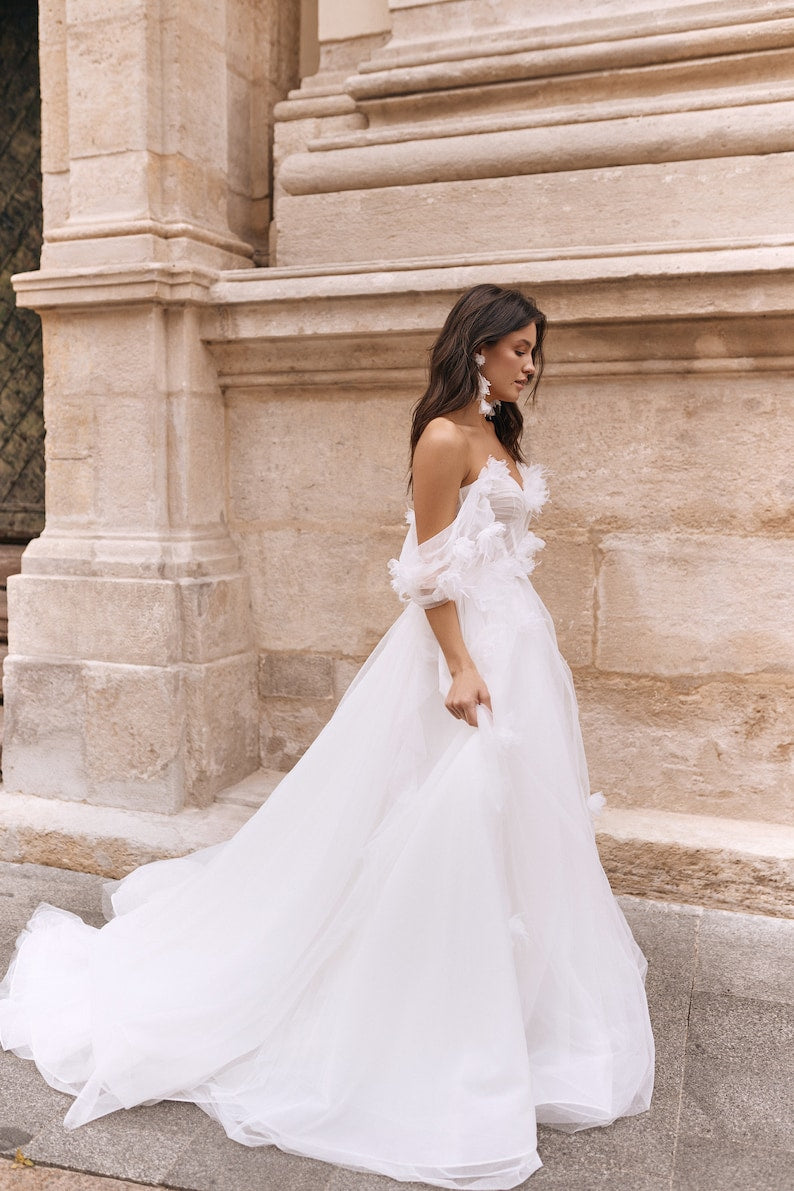 Flowing Off The Shoulder A-Line Floral Appliqués Pleated Corset Bridal Gown