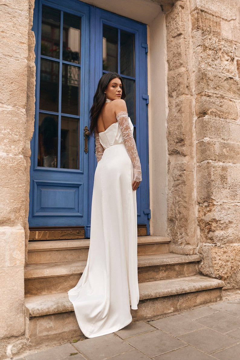 Strapless Lace Underlay And Satin Minimalist Sweetheart Bridal And Ceremonial Gown With Thigh High Split Hem And Matching Detached Lace Sleeves