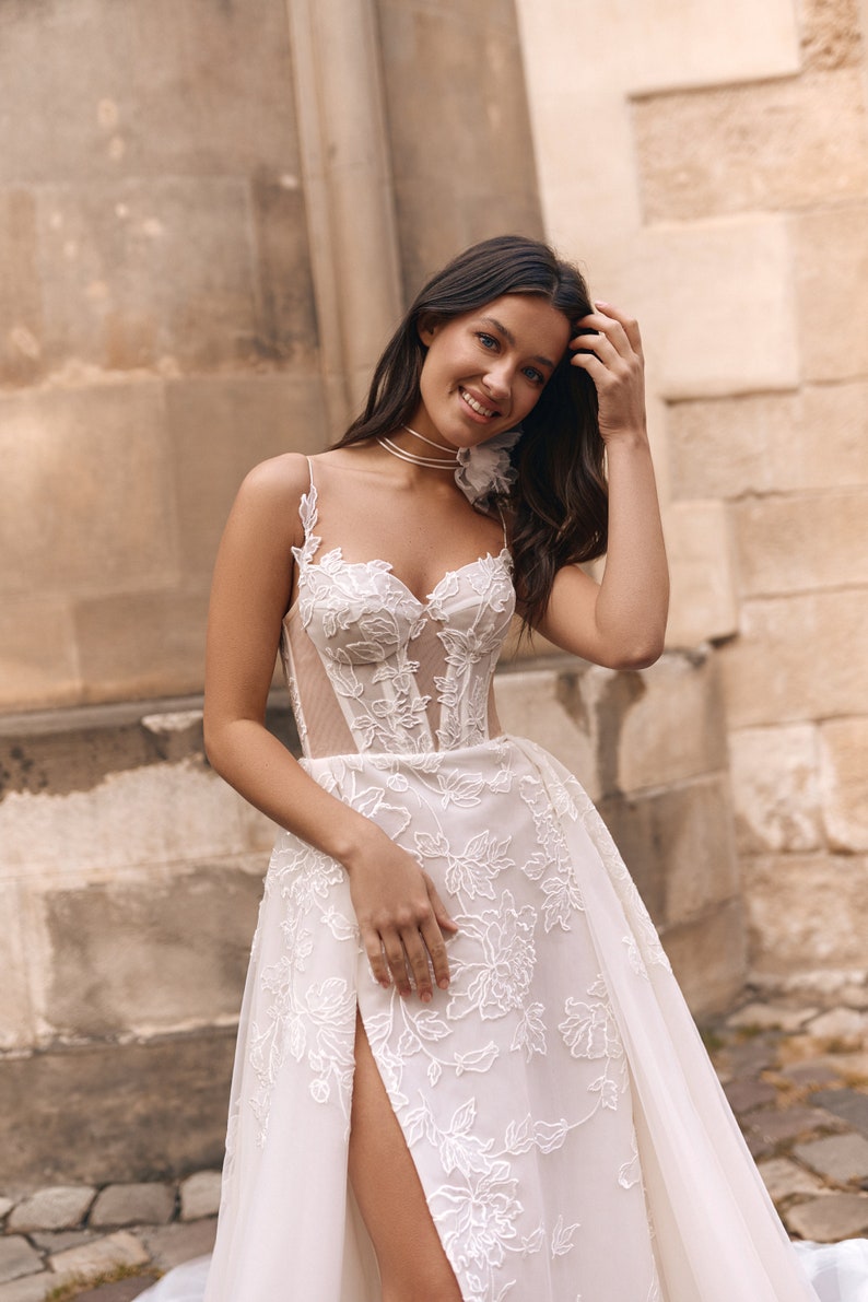 Floral Appliqués And Lace Basque Sweetheart A-Line Bridal Gown