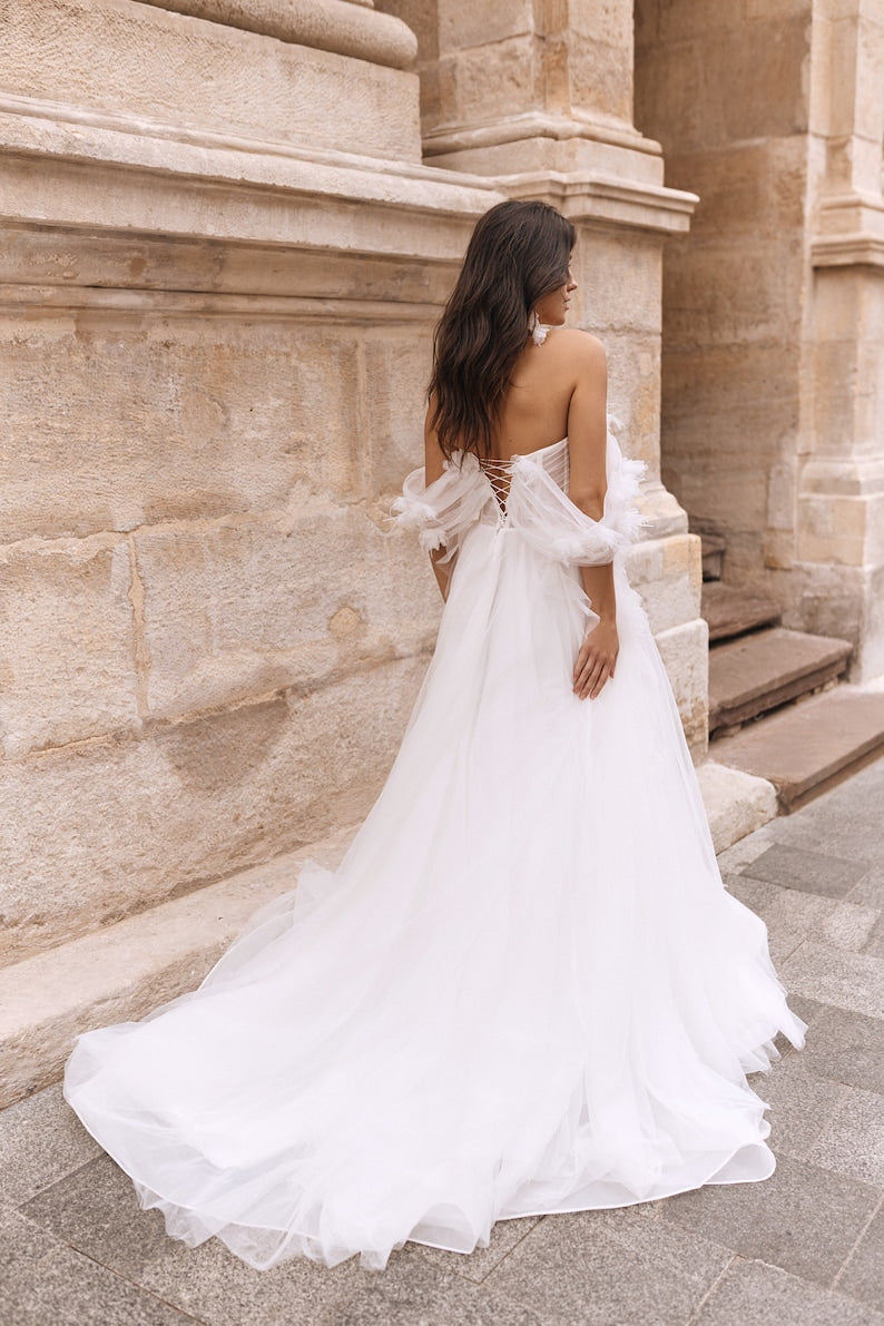 Flowing Off The Shoulder A-Line Floral Appliqués Pleated Corset Bridal Gown