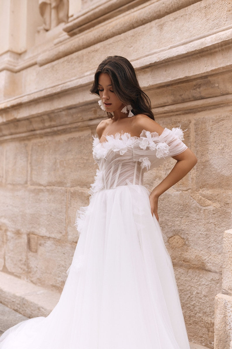 Flowing Off The Shoulder A-Line Floral Appliqués Pleated Corset Bridal Gown