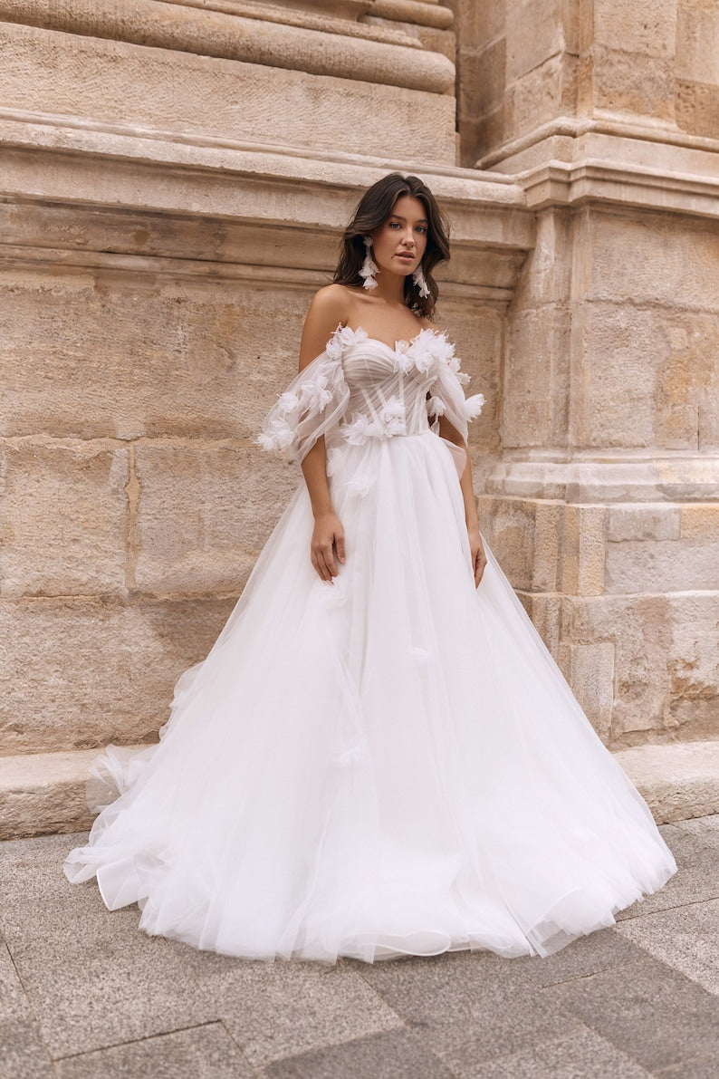 Flowing Off The Shoulder A-Line Floral Appliqués Pleated Corset Bridal Gown