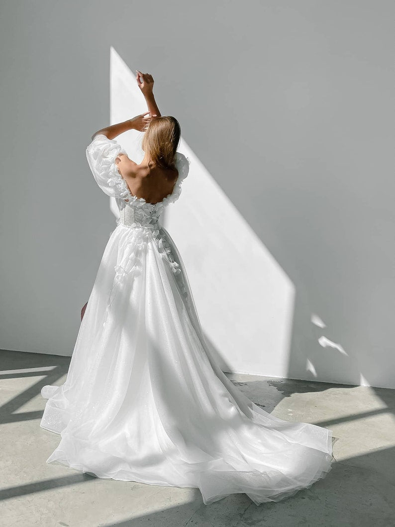 Shimmering Off The Shoulder Plunging Illusion V Neck Floral Embroidered Appliqués Bridal Gown