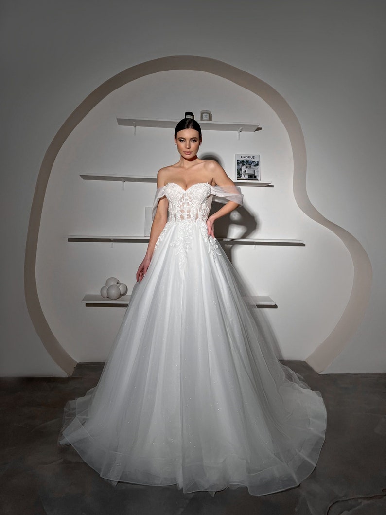 Off The Shoulder Shimmering Floral Enchanted Sweetheart A-Line Bridal Gown