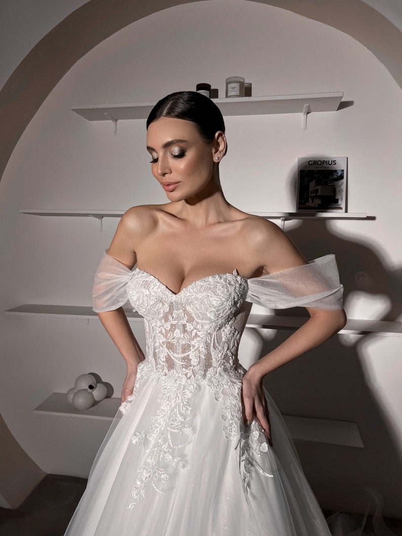 Off The Shoulder Shimmering Floral Enchanted Sweetheart A-Line Bridal Gown