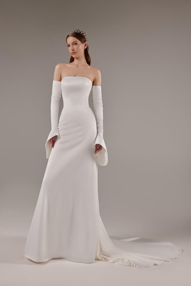Mikado Strapless Boat Neck Simple Trumpet Bridal And Ceremonial Gown With Finger Loop And Detached Sleeves