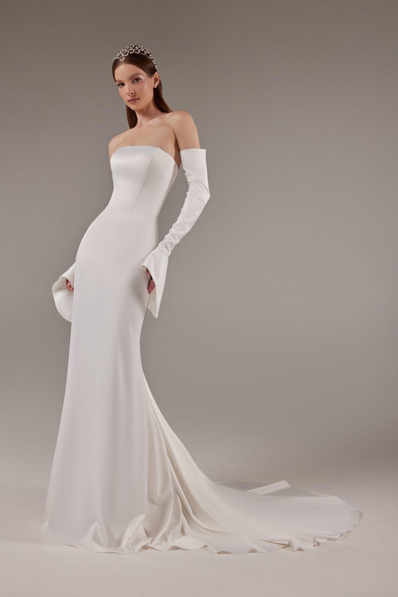 Mikado Strapless Boat Neck Simple Trumpet Bridal And Ceremonial Gown With Finger Loop And Detached Sleeves