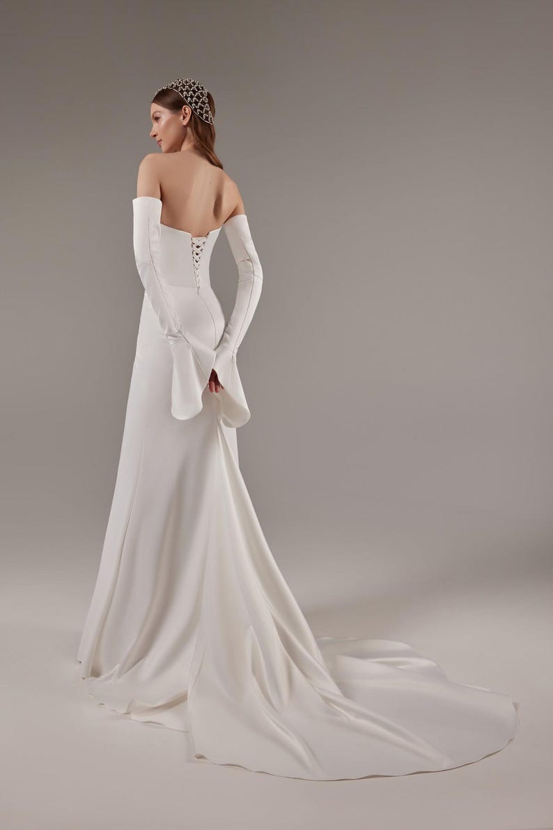 Mikado Strapless Boat Neck Simple Trumpet Bridal And Ceremonial Gown With Finger Loop And Detached Sleeves