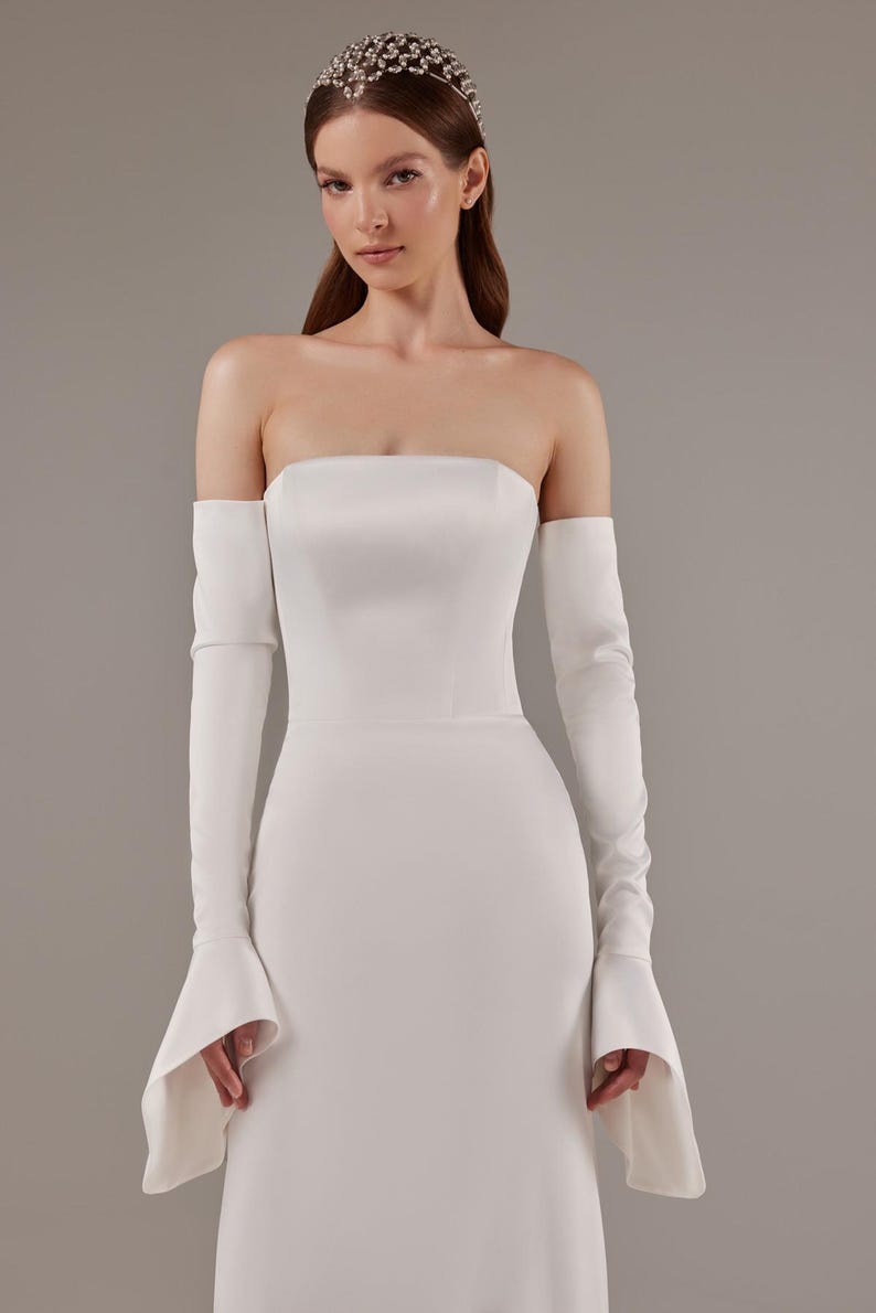 Mikado Strapless Boat Neck Simple Trumpet Bridal And Ceremonial Gown With Finger Loop And Detached Sleeves