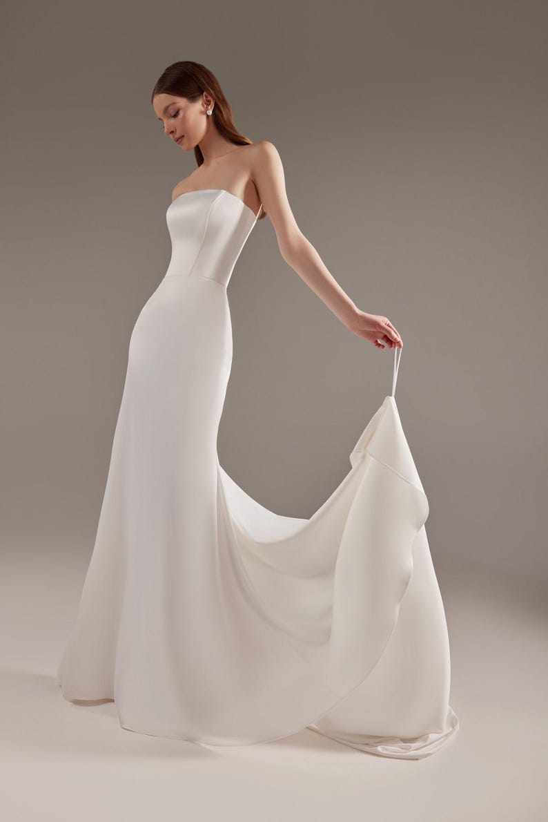 Mikado Strapless Boat Neck Simple Trumpet Bridal And Ceremonial Gown With Finger Loop And Detached Sleeves