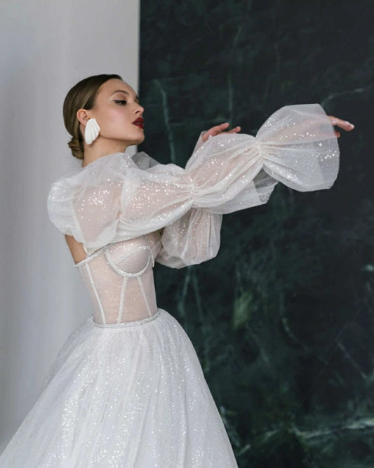 Detached Sectioned Shimmering Glitter Tulle Full Length Puff  Sleeves