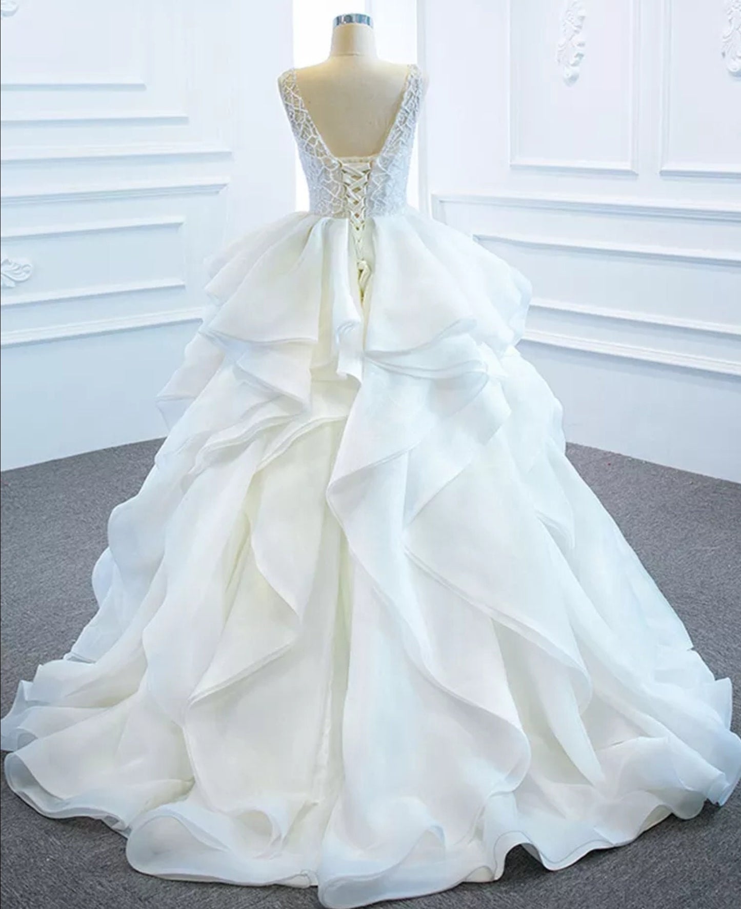 Sleeveless Delicate Full Lace Bodice Lace Up Back Tiered Wedding Ball Gown