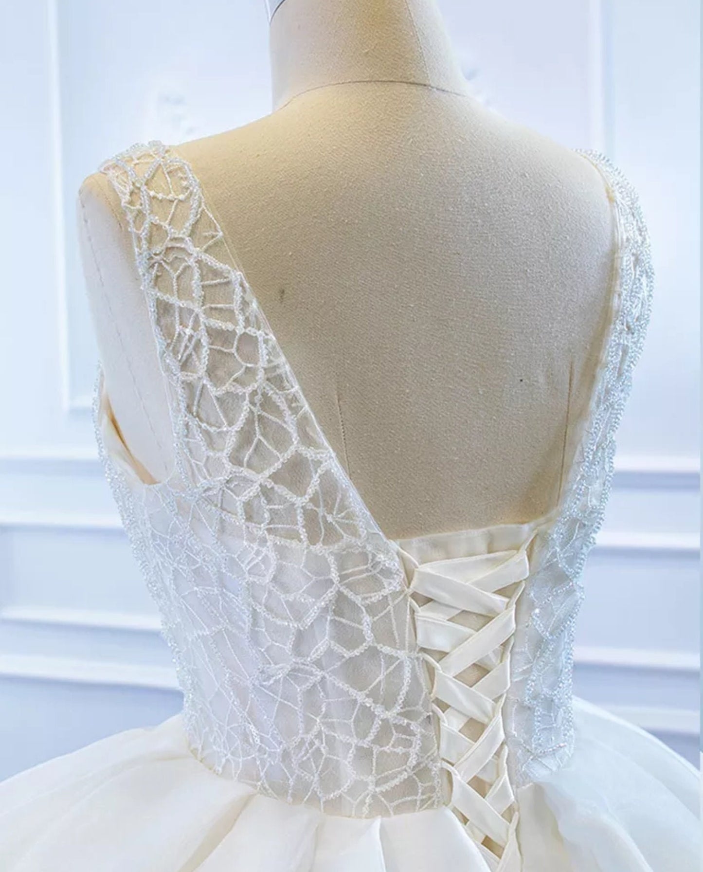 Sleeveless Delicate Full Lace Bodice Lace Up Back Tiered Wedding Ball Gown
