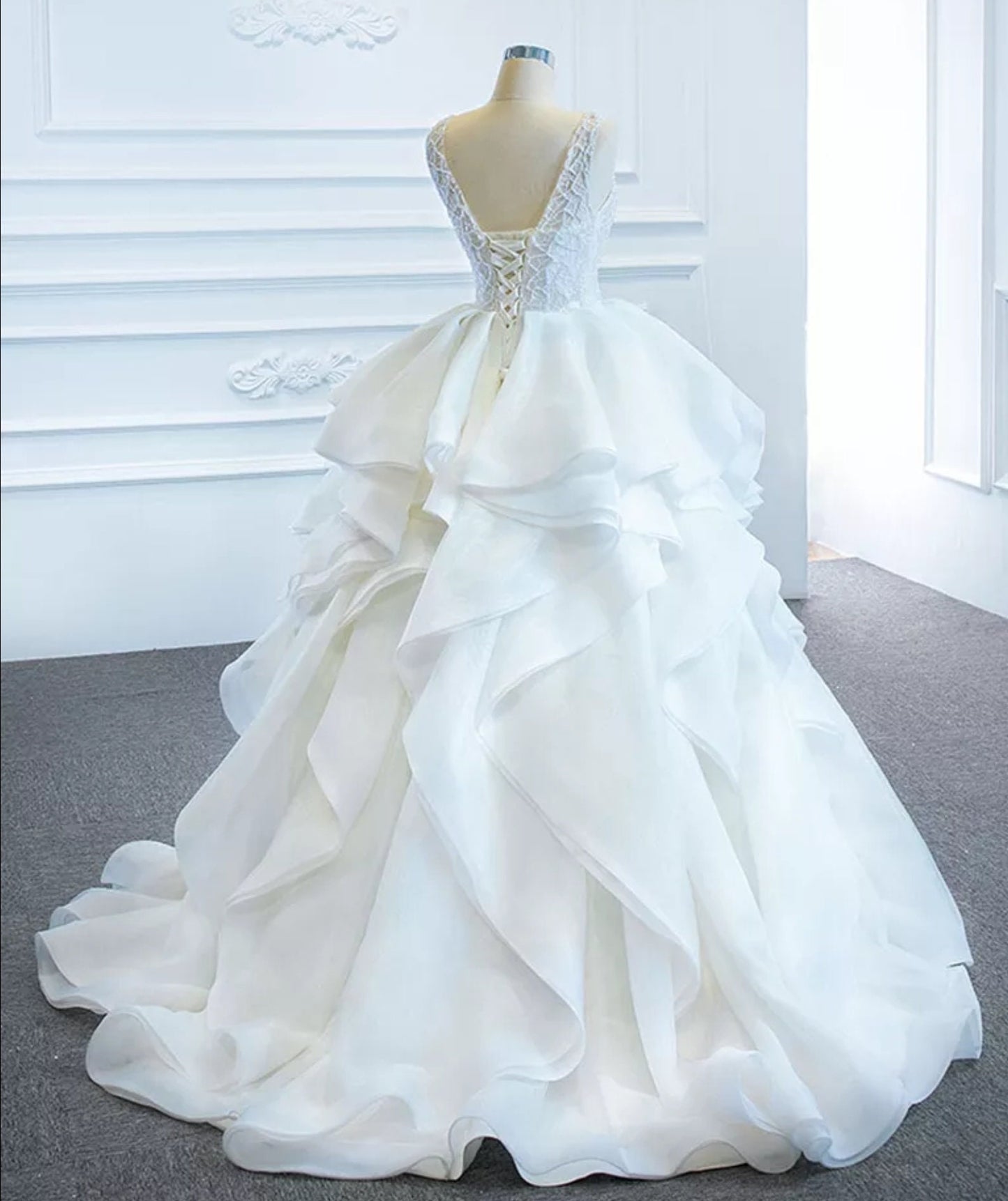 Sleeveless Delicate Full Lace Bodice Lace Up Back Tiered Wedding Ball Gown