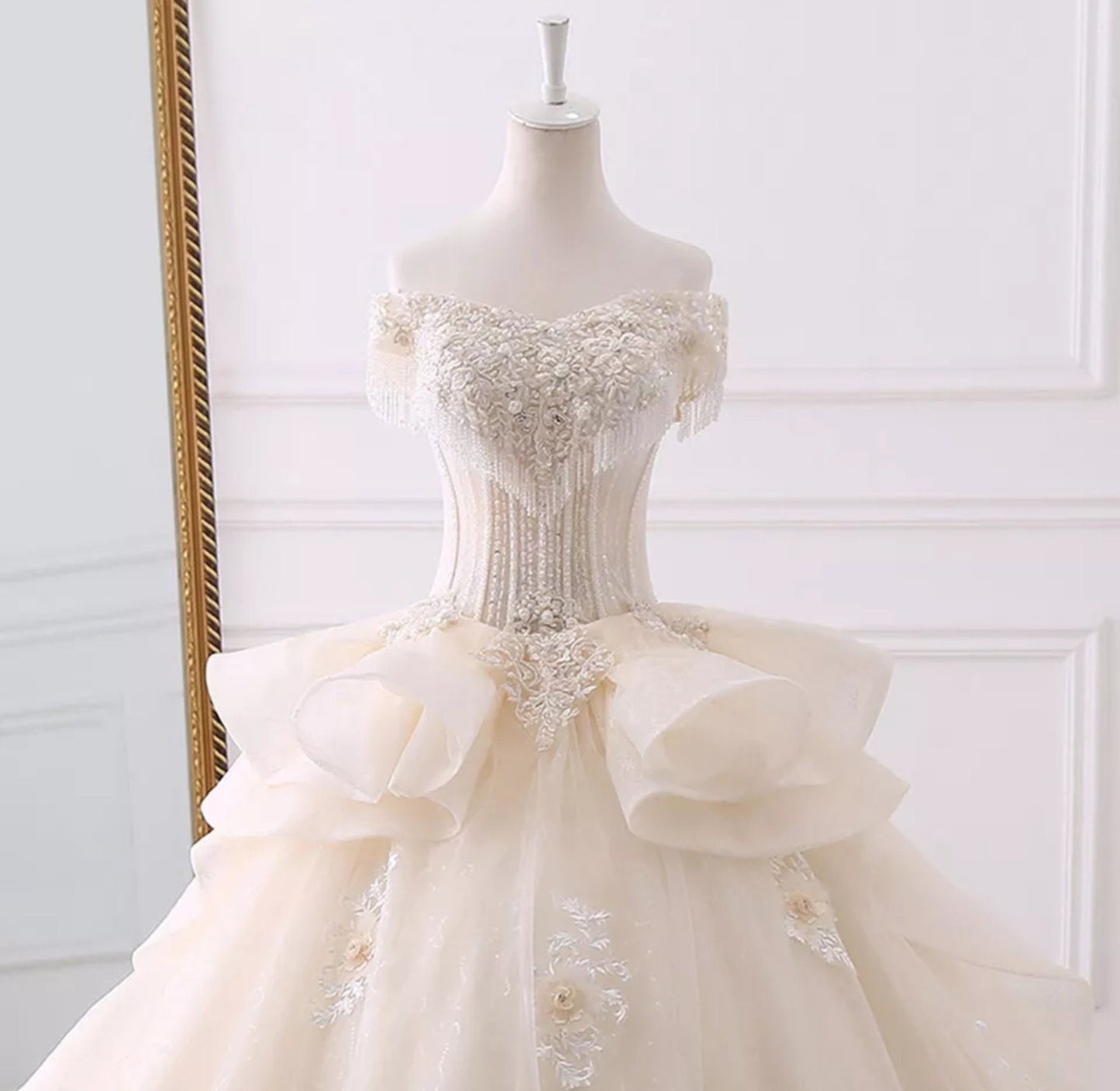 Floral Appliqué Crystal Beaded Tassel Off The Shoulder Ruffled Waistline Victorian Era Wedding Ball Gown