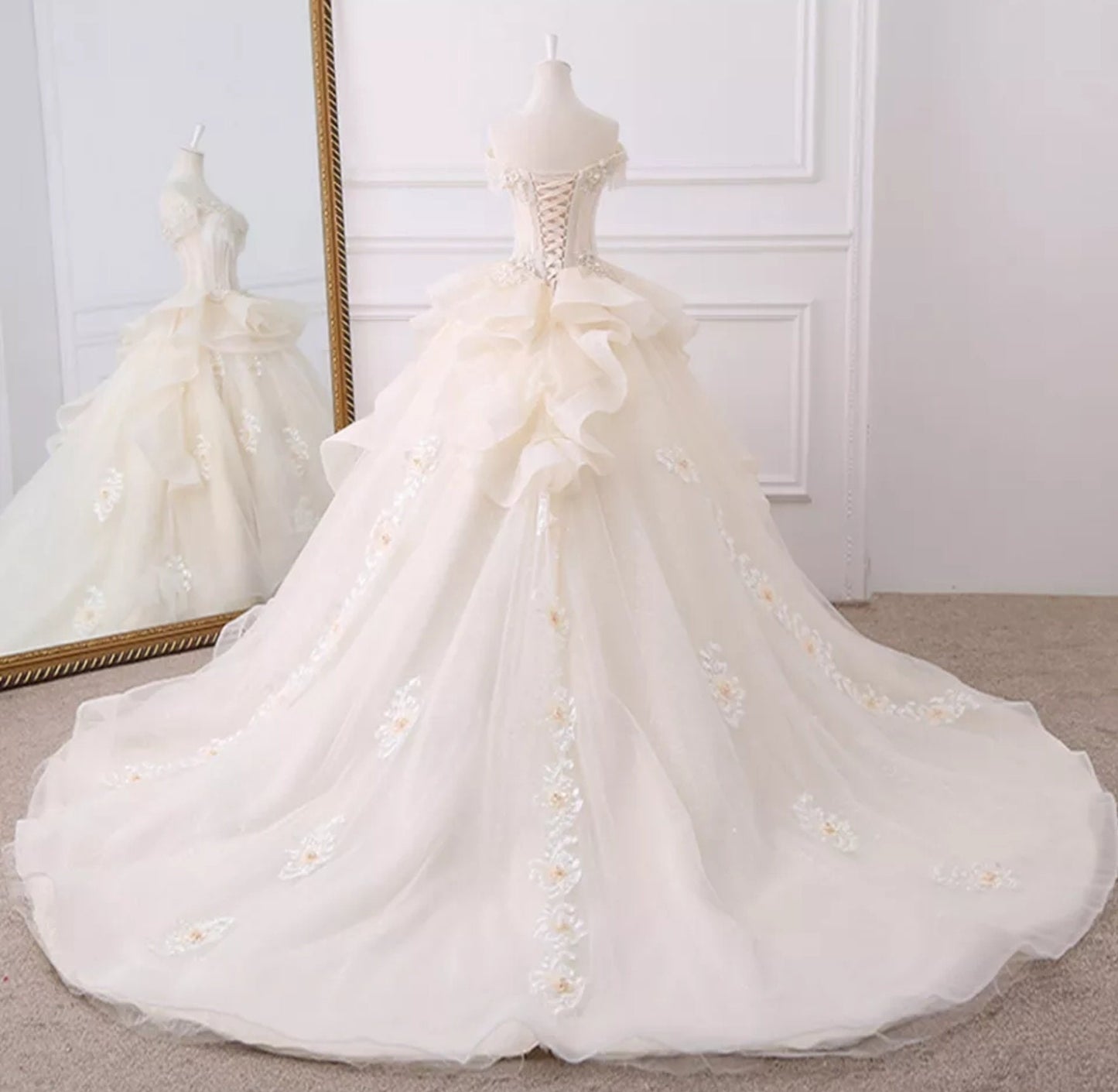 Floral Appliqué Crystal Beaded Tassel Off The Shoulder Ruffled Waistline Victorian Era Wedding Ball Gown