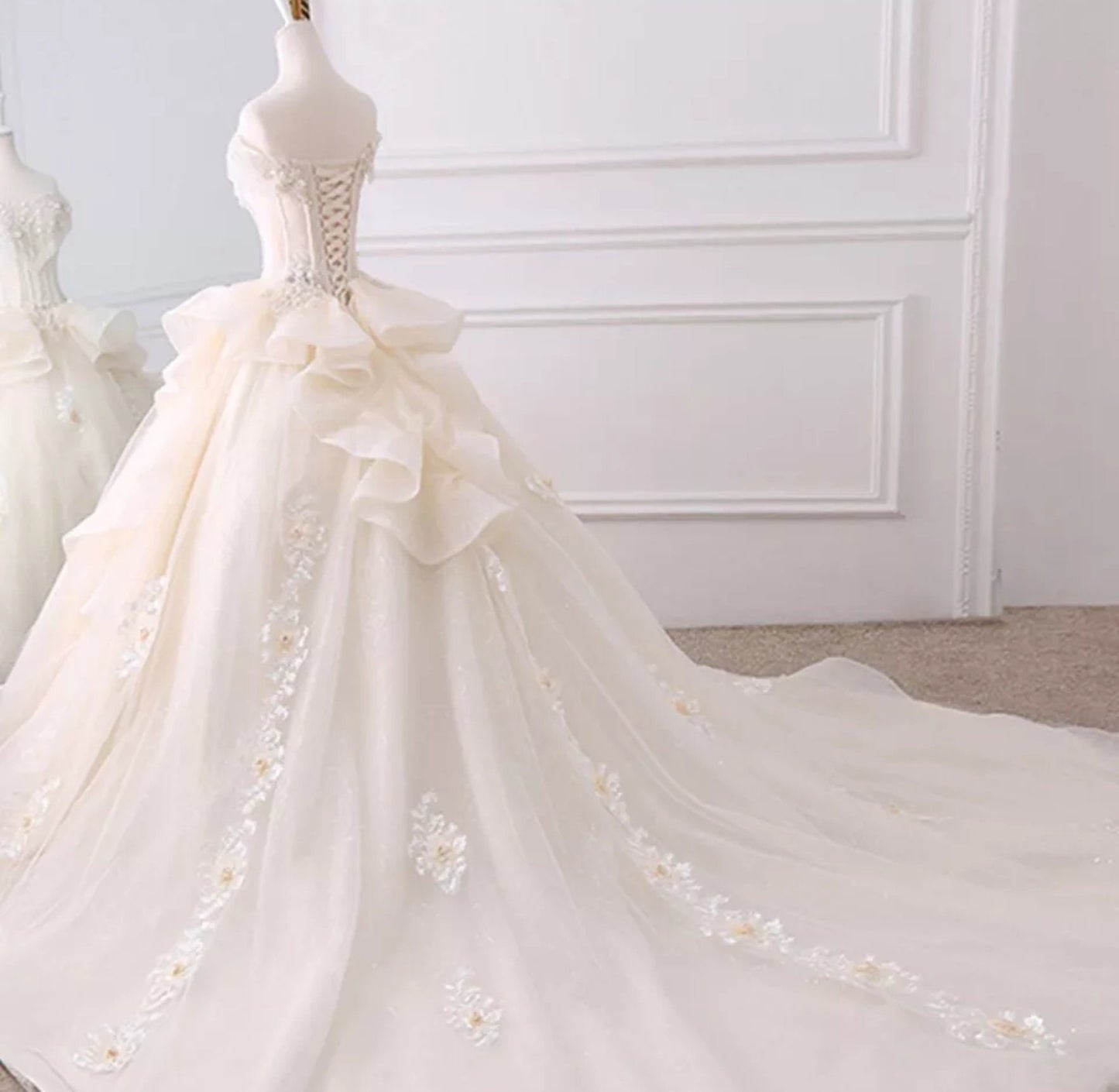 Floral Appliqué Crystal Beaded Tassel Off The Shoulder Ruffled Waistline Victorian Era Wedding Ball Gown