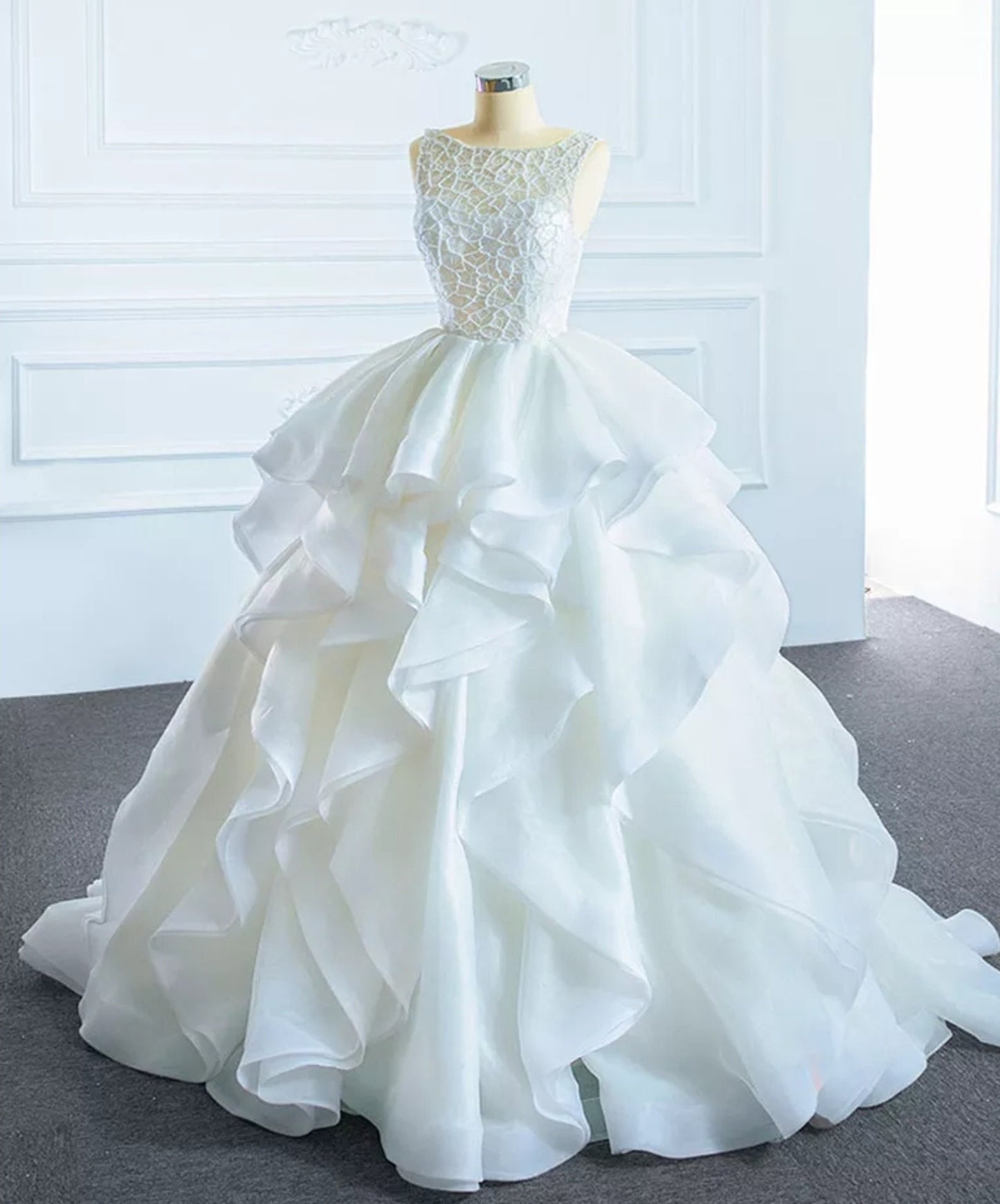 Sleeveless Delicate Full Lace Bodice Lace Up Back Tiered Wedding Ball Gown