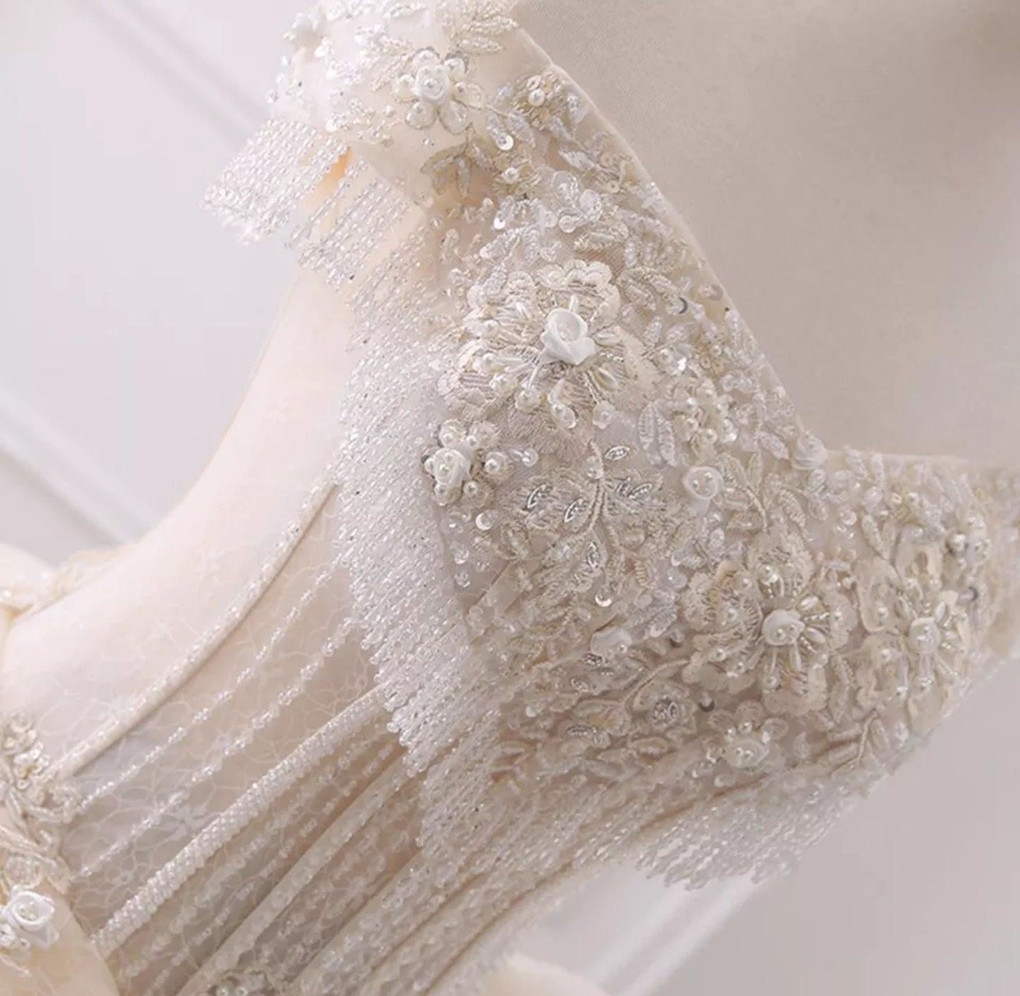 Floral Appliqué Crystal Beaded Tassel Off The Shoulder Ruffled Waistline Victorian Era Wedding Ball Gown