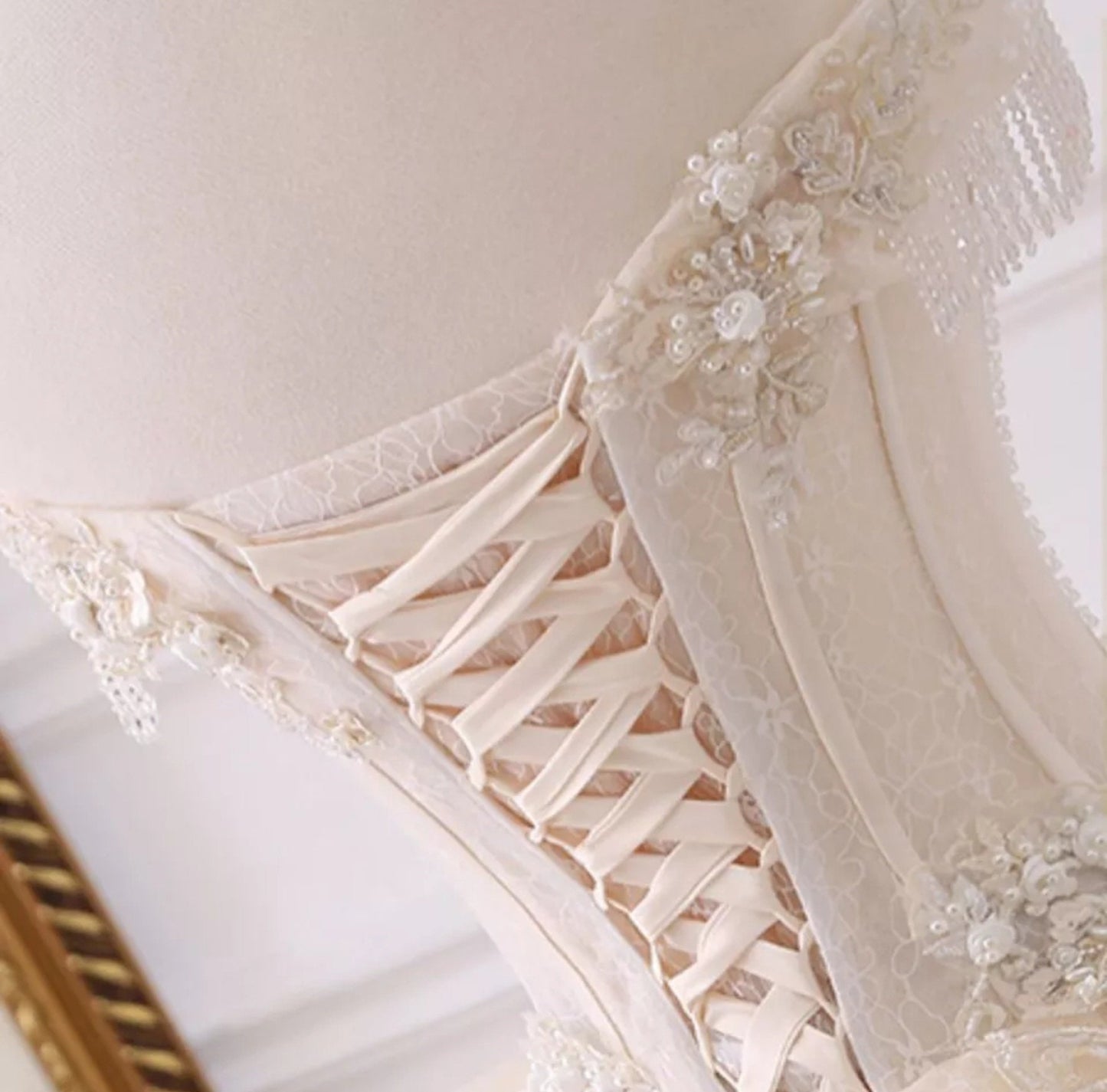 Floral Appliqué Crystal Beaded Tassel Off The Shoulder Ruffled Waistline Victorian Era Wedding Ball Gown