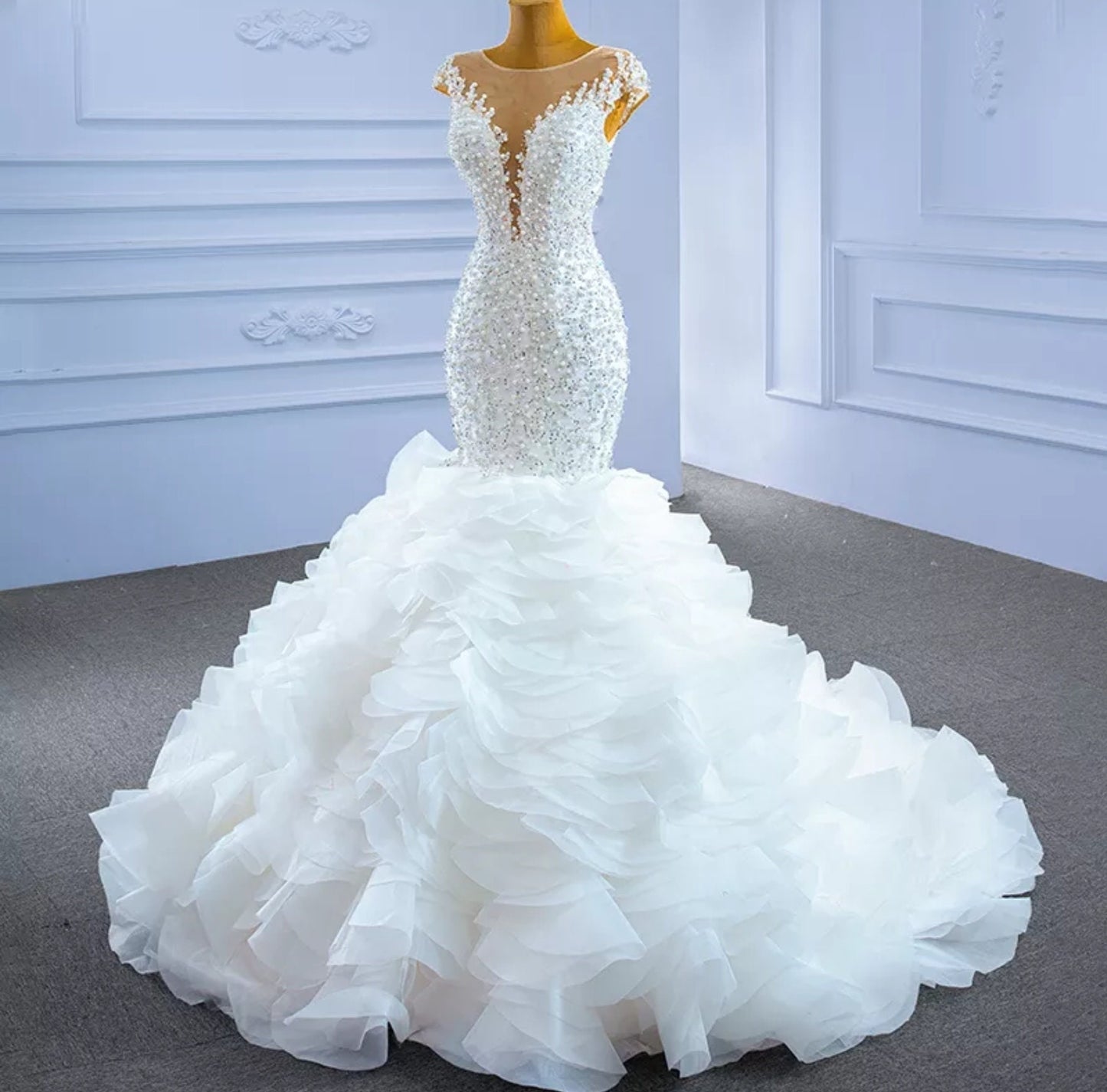 Exquisite Sequin & Pearl Beaded Ruffle Layered Mermaid/Trumpet Gown