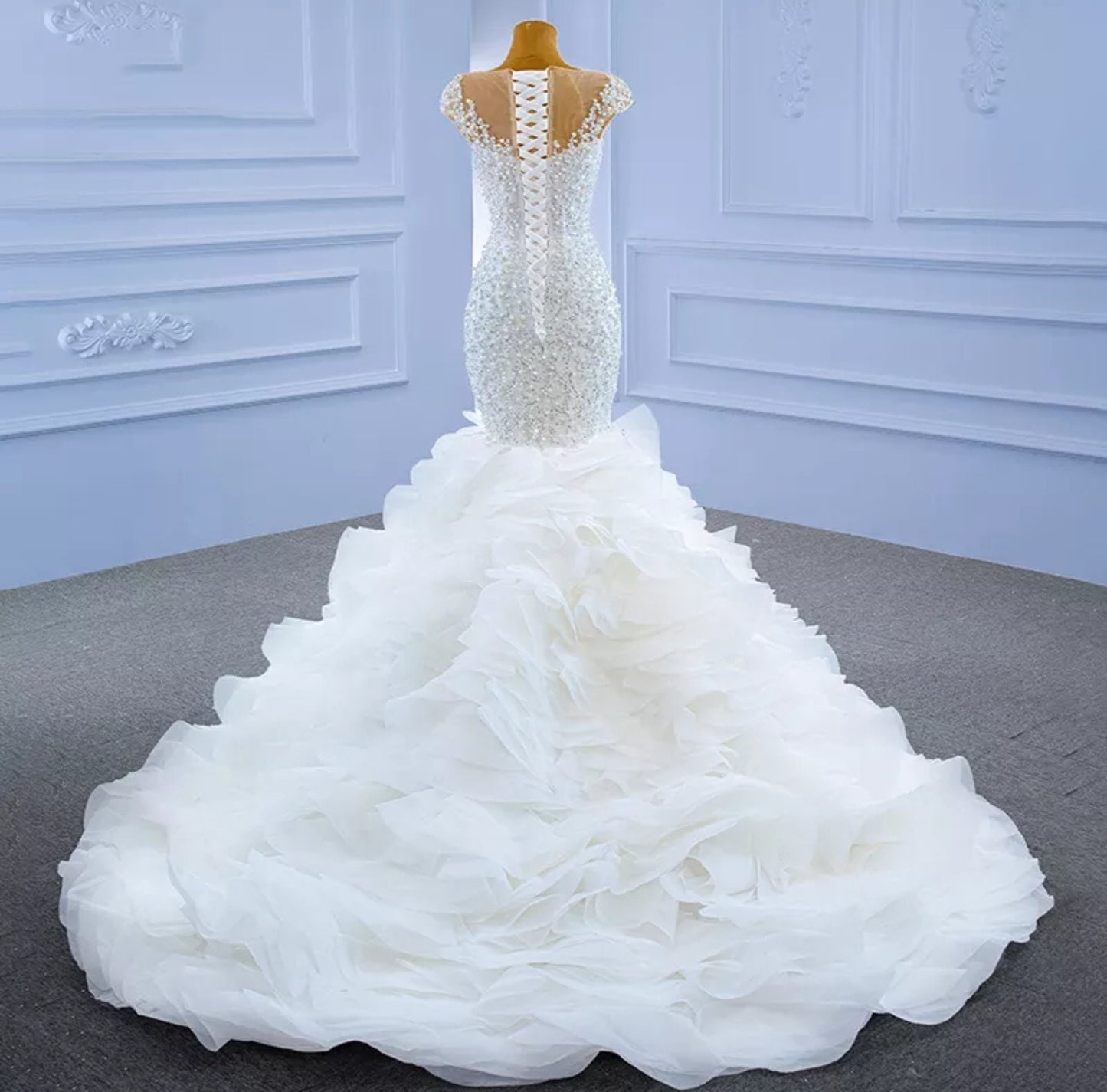 Exquisite Sequin & Pearl Beaded Ruffle Layered Mermaid/Trumpet Gown