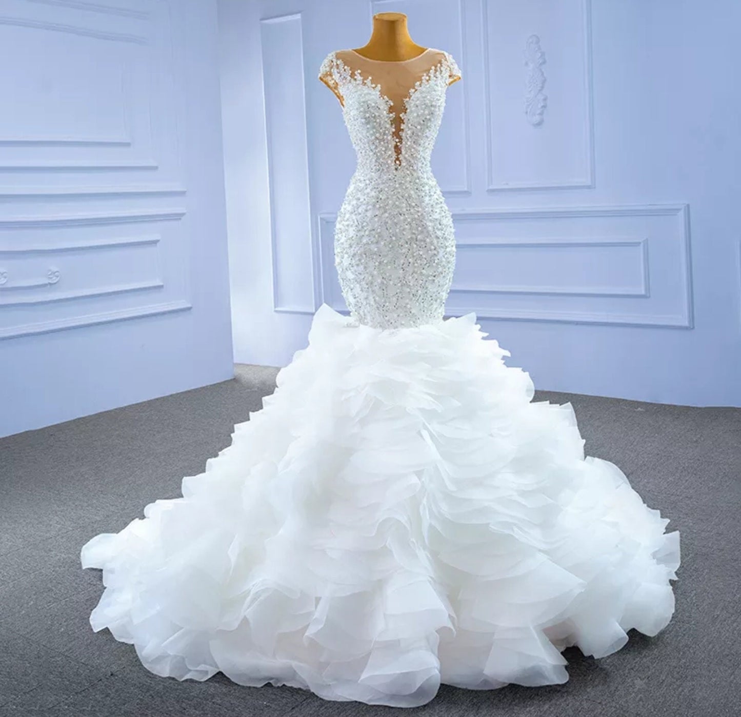 Exquisite Sequin & Pearl Beaded Ruffle Layered Mermaid/Trumpet Gown