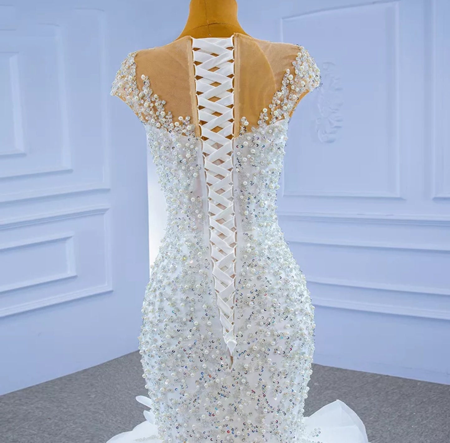 Exquisite Sequin & Pearl Beaded Ruffle Layered Mermaid/Trumpet Gown