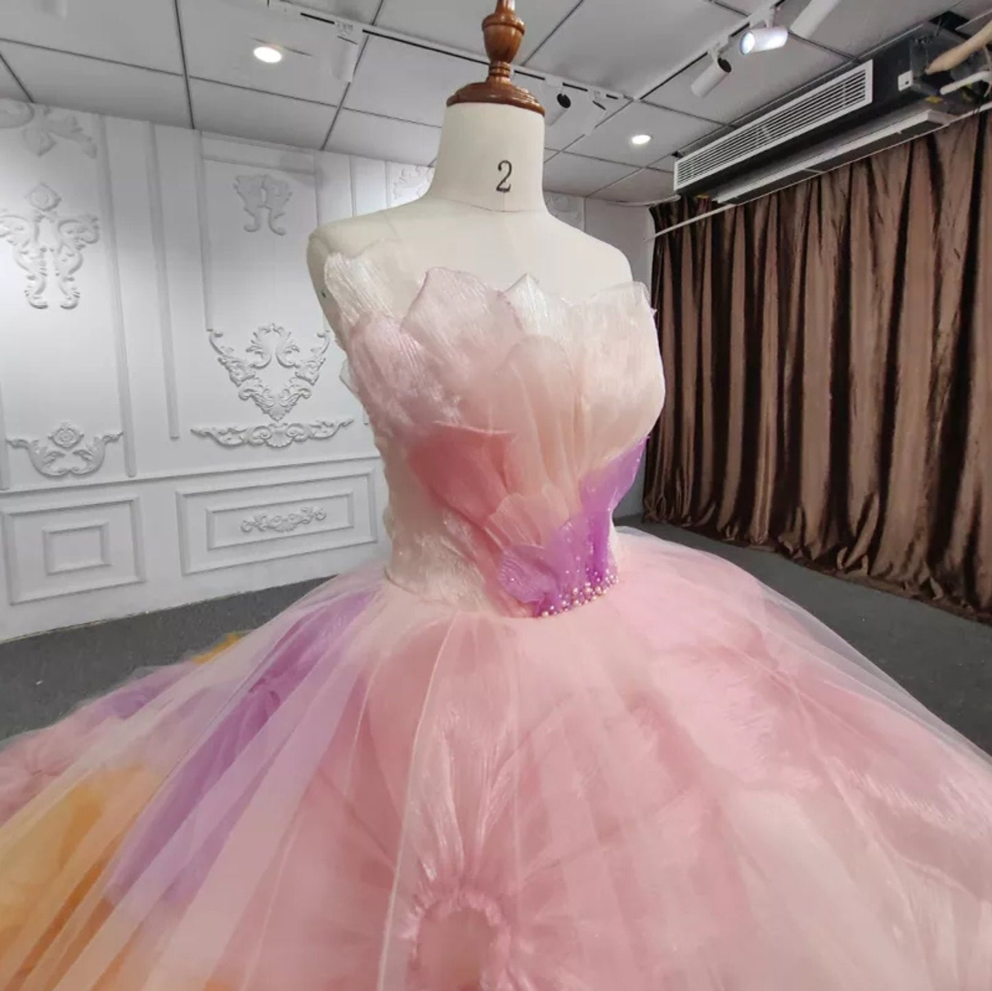 Oversized Delicate Floral Irregular Neckline Quinceañera Gown