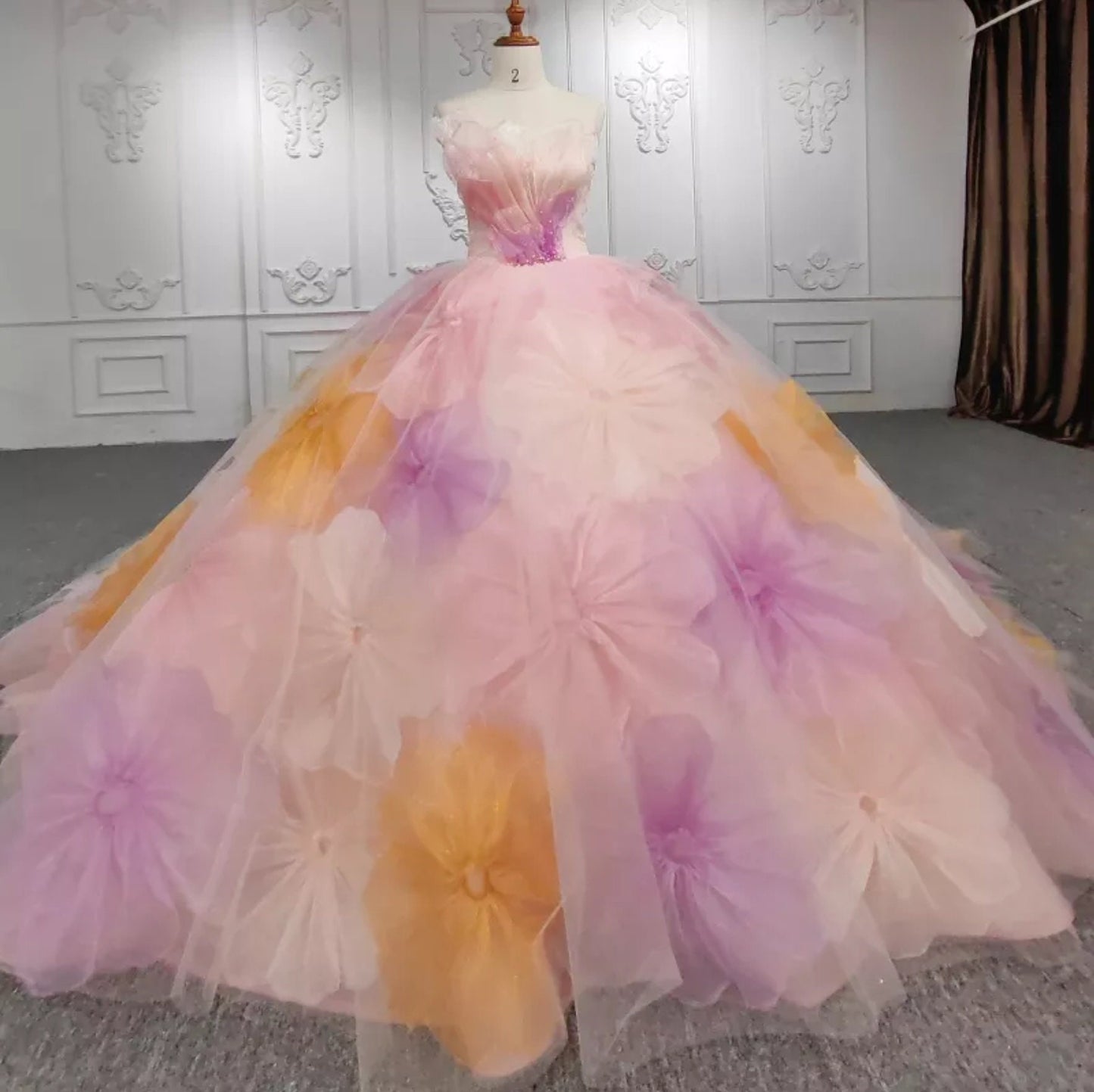 Oversized Delicate Floral Irregular Neckline Quinceañera Gown