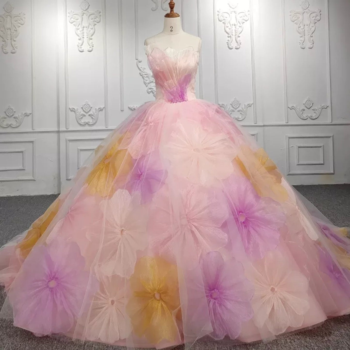 Oversized Delicate Floral Irregular Neckline Quinceañera Gown