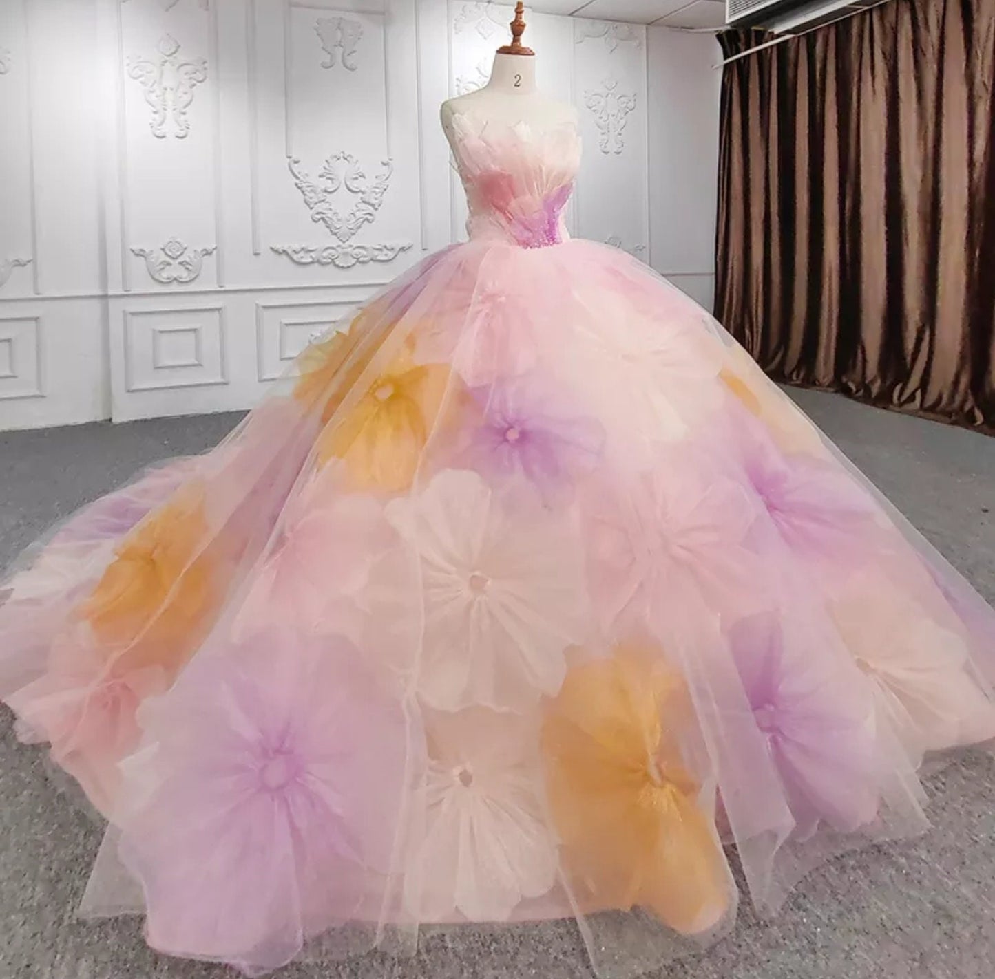 Oversized Delicate Floral Irregular Neckline Quinceañera Gown