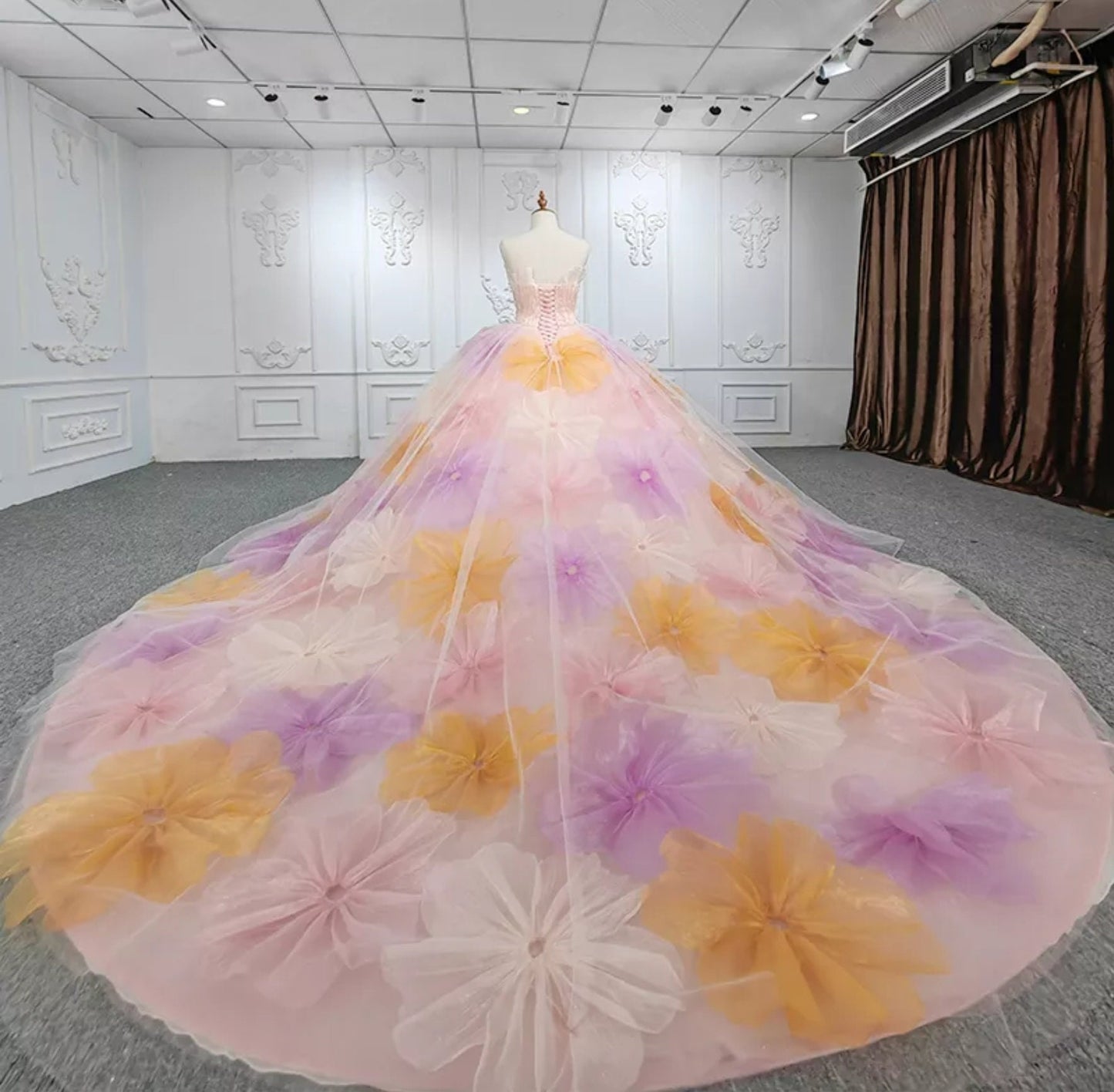 Oversized Delicate Floral Irregular Neckline Quinceañera Gown