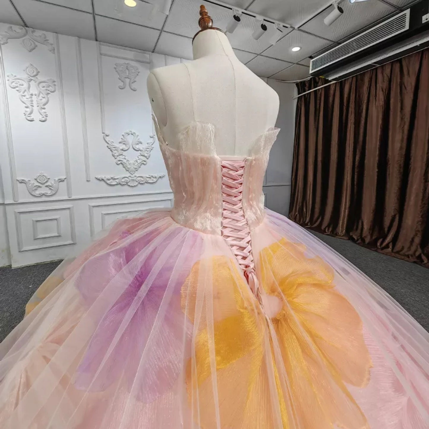 Oversized Delicate Floral Irregular Neckline Quinceañera Gown
