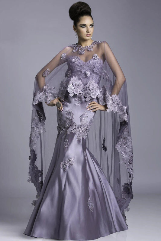 Elegant High Low Scattered Floral Lace Appliqué Trimmed Bolero Cape