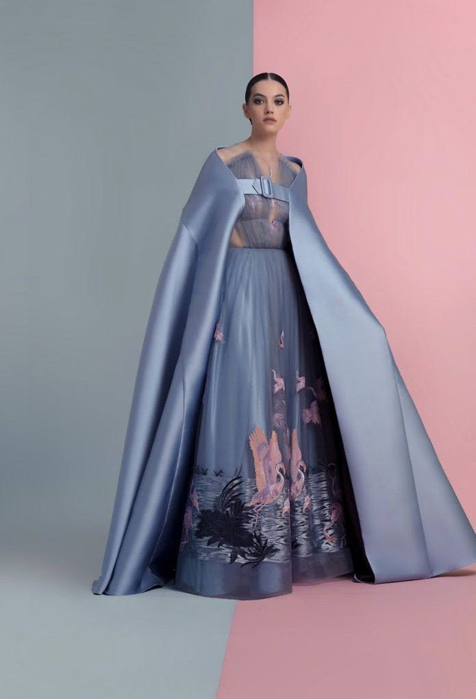 Mikado Vintage Minimalist Pleated Floor Length Buckle Front Cape