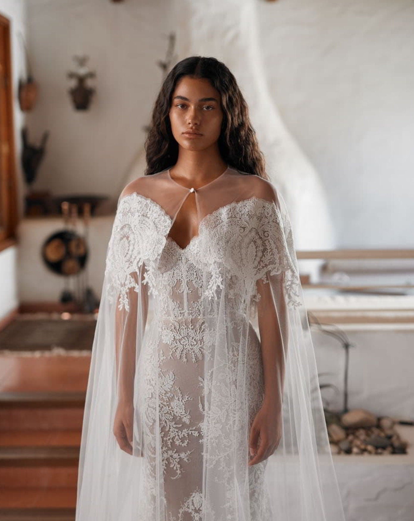 Boho Lace Trim Button Front Bridal Cape