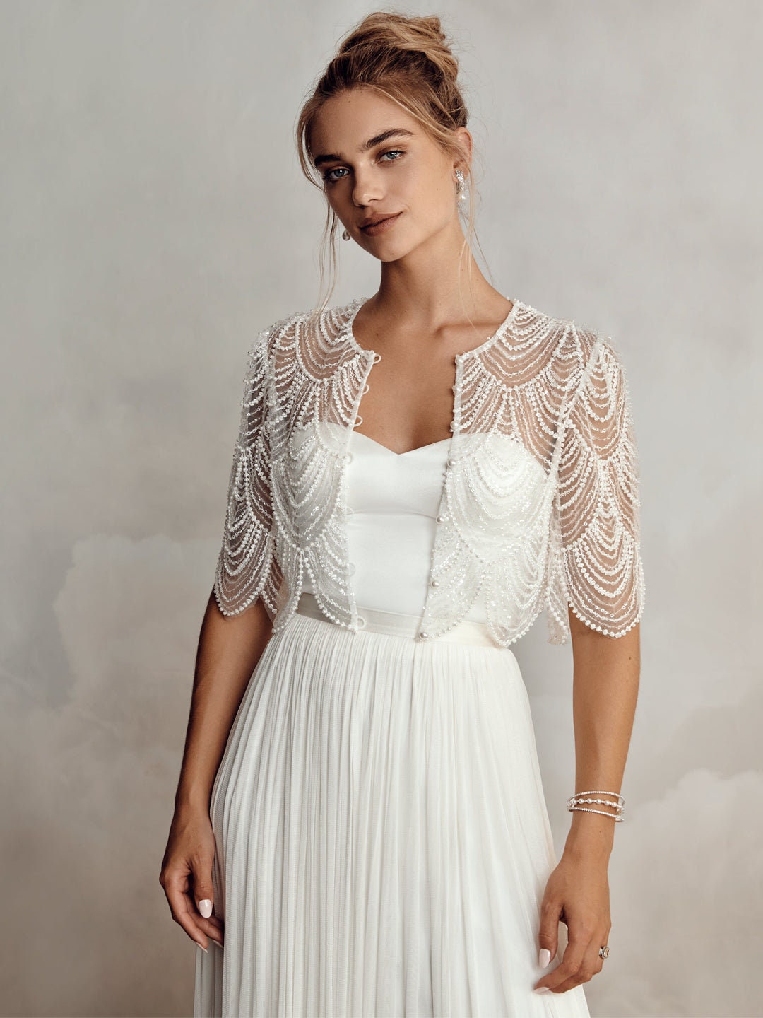 Beautiful Ornate Beaded Layered Scalloped Hem Bridal Special Occasion Party Bolero