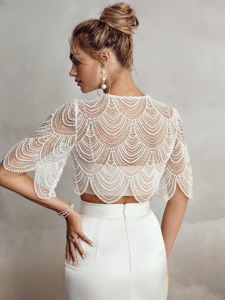 Beautiful Ornate Beaded Layered Scalloped Hem Bridal Special Occasion Party Bolero